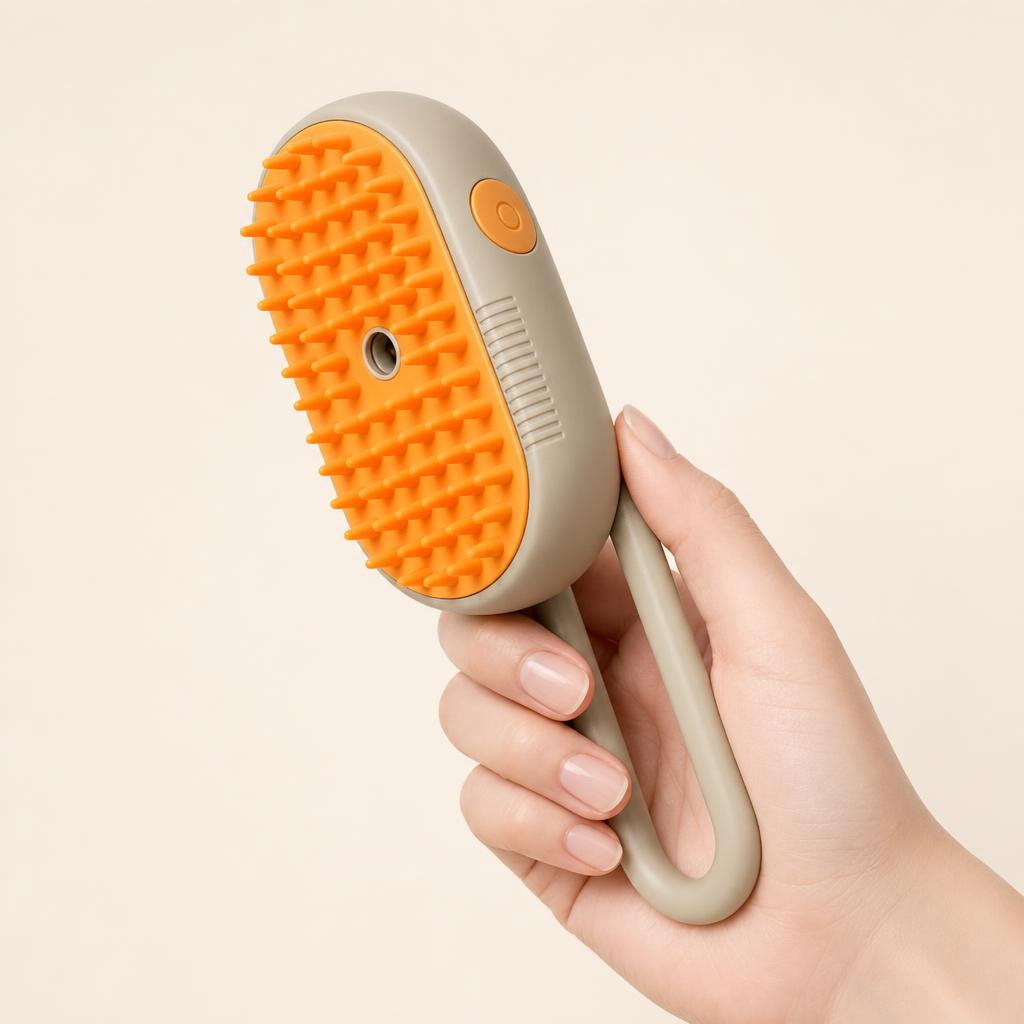 Hand holding the Peluky steam brush